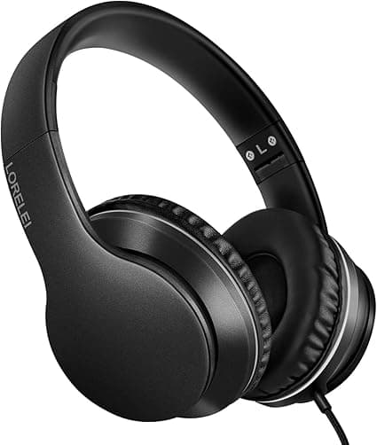 LORELEI X6 Over-Ear Wired Stereo Bass Headphones with Microphone, Lightweight, Foldable & Portable with 1.45M No-Tangle for Smartphone, Tablet, MP3/4, Space Black