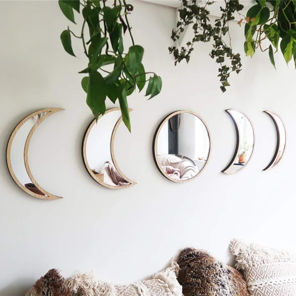 Five Piece Scandinavian Acrylic Moon Phase Wall Decor Set Boho Wooden Mirror Beige