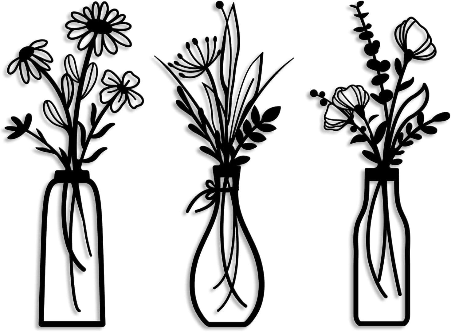 Pigort 3-Piece Metal Flower Wall Art Set — Rustic Farmhouse Black Minimalist Decor