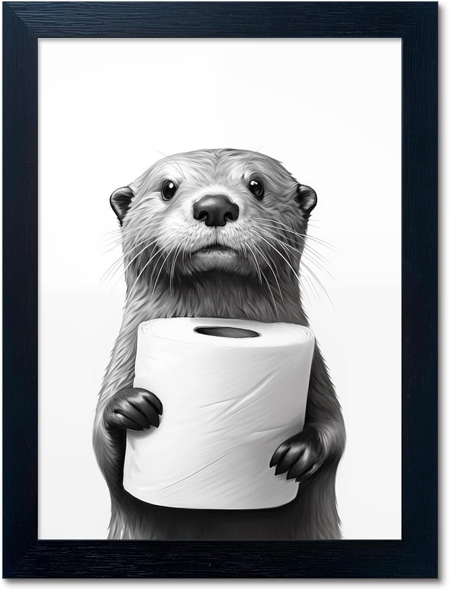 Funny Raccoon Bathroom Wall Art – Framed Black & White Canvas Print