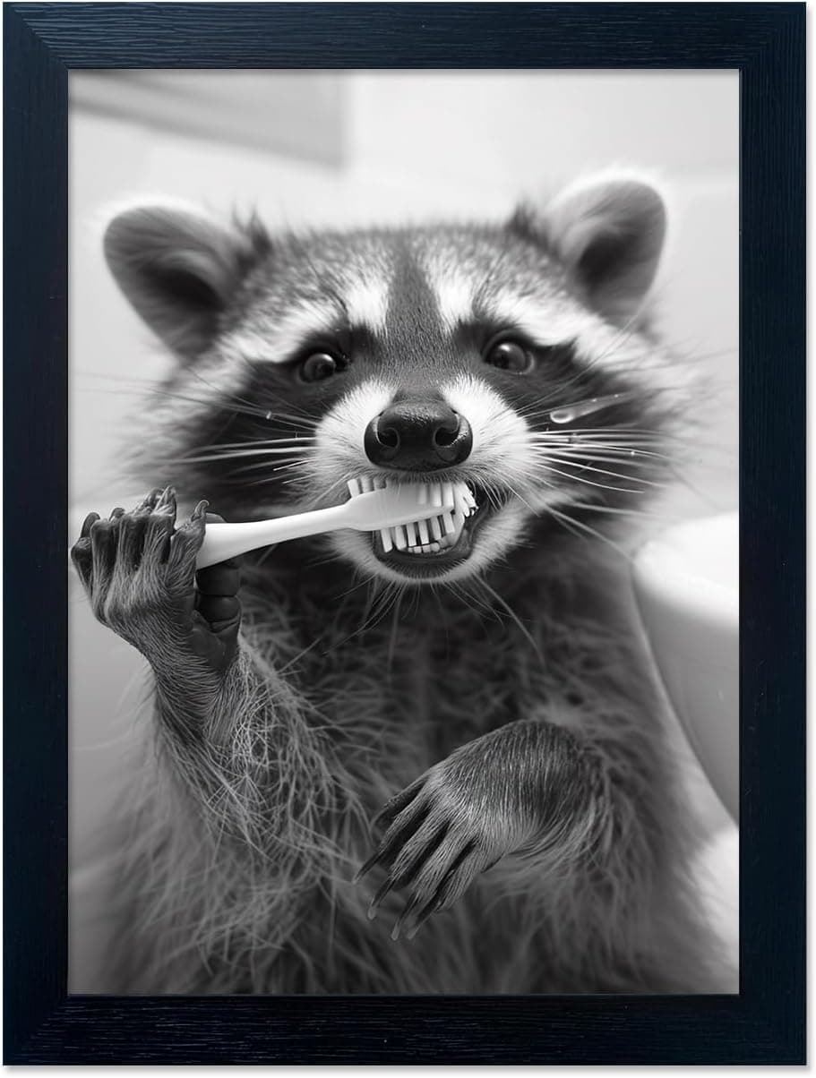 Funny Raccoon Brushing Teeth Bathroom Wall Art – Framed Black & White Print