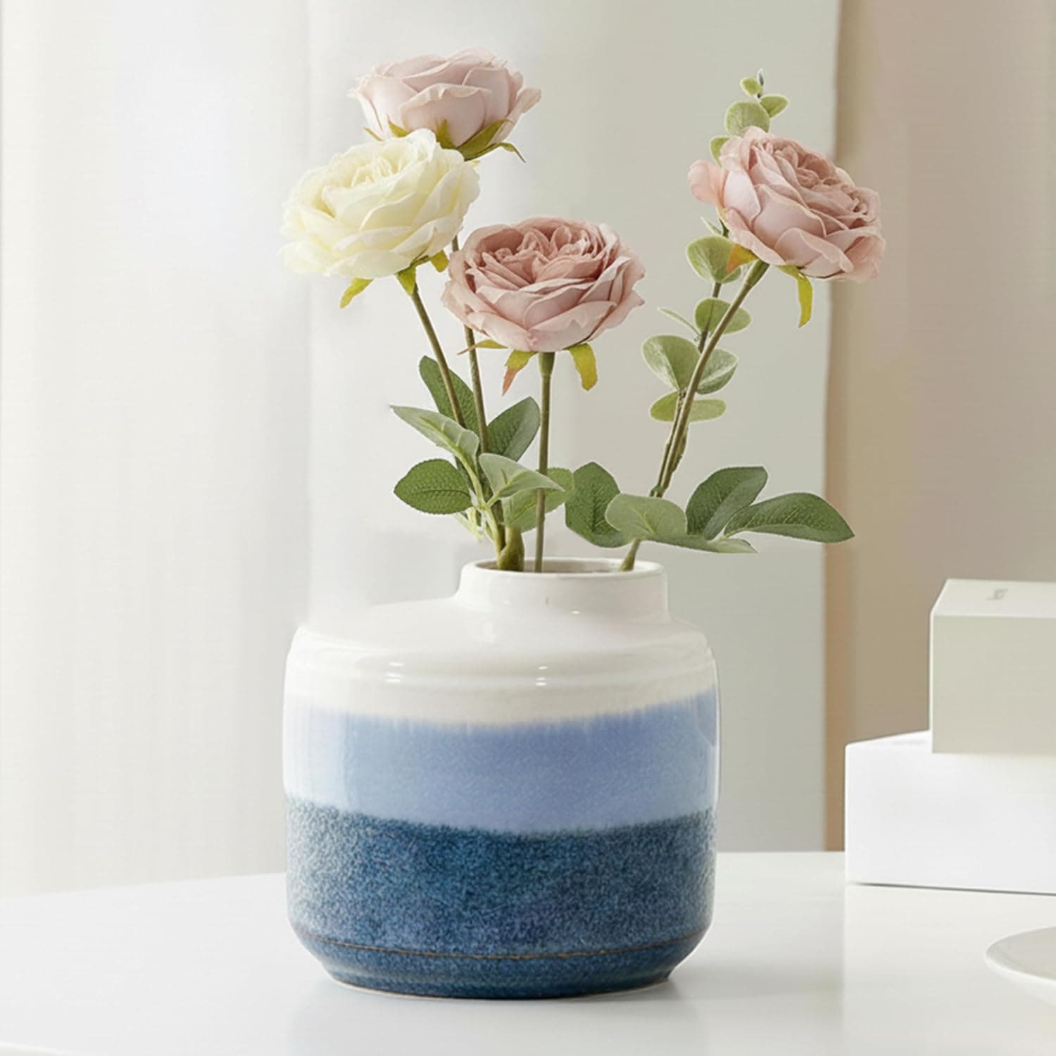 Blue & White Ceramic Vase – 5", Slanted Mouth, Farmhouse Decor