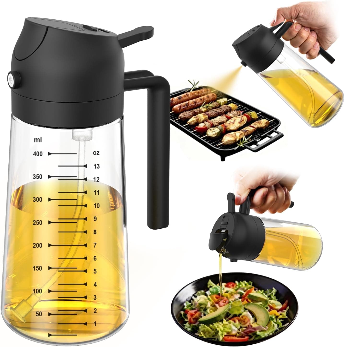 TrendPlain Glass Olive Oil Sprayer Bottle – 16oz 2-in-1 Dispenser for Air Fryer, BBQ & Salad (Black)