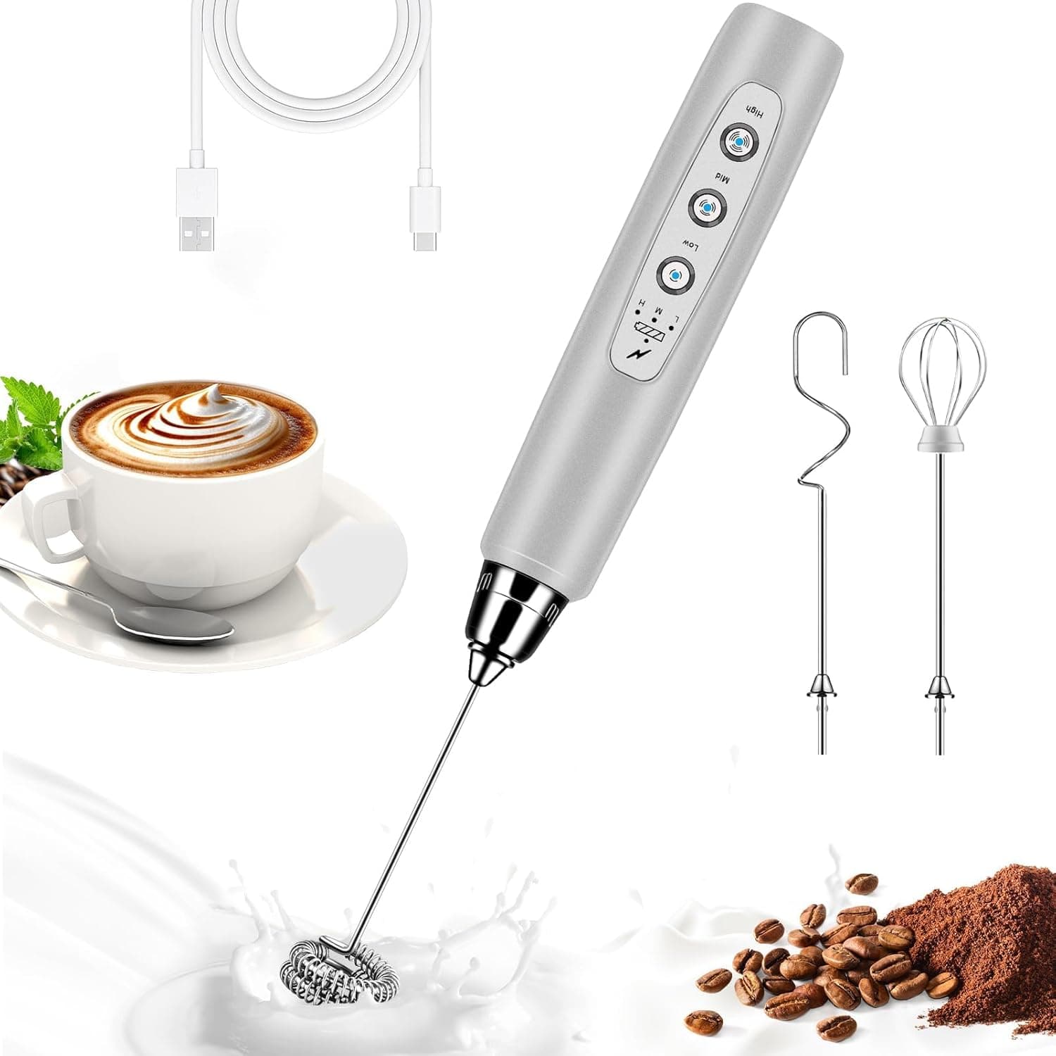 Milk Frother Handheld – 3 Speed Electric Whisk, Rechargeable Foam Maker for Coffee, Latte & Matcha (Silver)