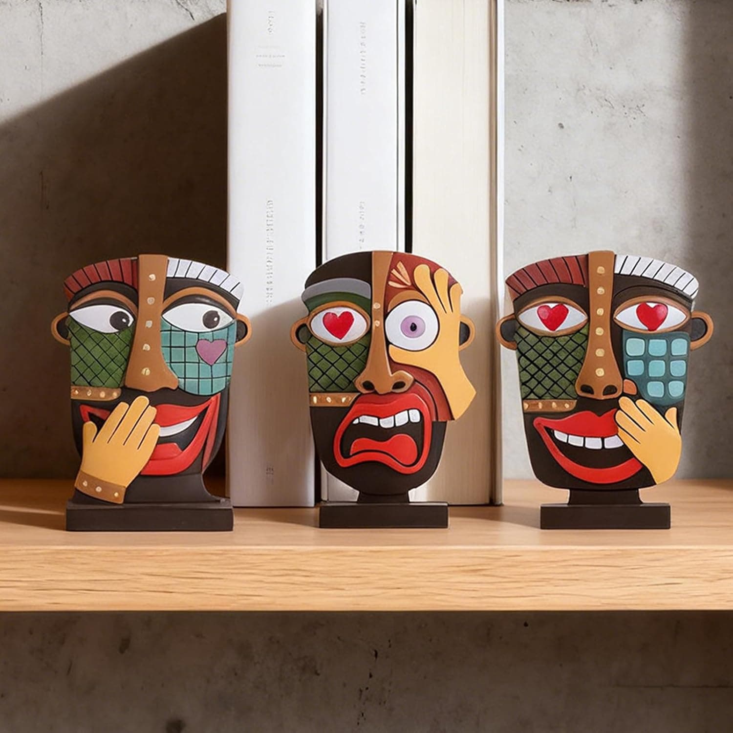 Hand-Painted Abstract Face Sculpture Set of 3 colorful Modern Resin Art Decor