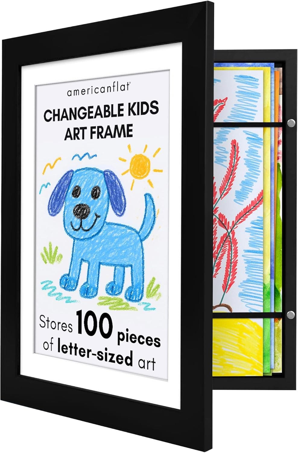 Americanflat Kids Art Display Frame Magnetic, Holds 100 Pieces, 8.5"x11", Black