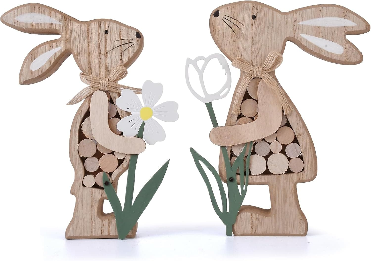 Farmhouse Wooden Easter Bunny & Metal Flower Tiered Tray Decor — Spring Table Decoration