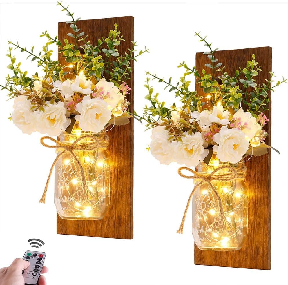 Rustic Mason Jar Wall Sconces with LED Fairy Lights & White Peony Farmhouse Decor Set of 2