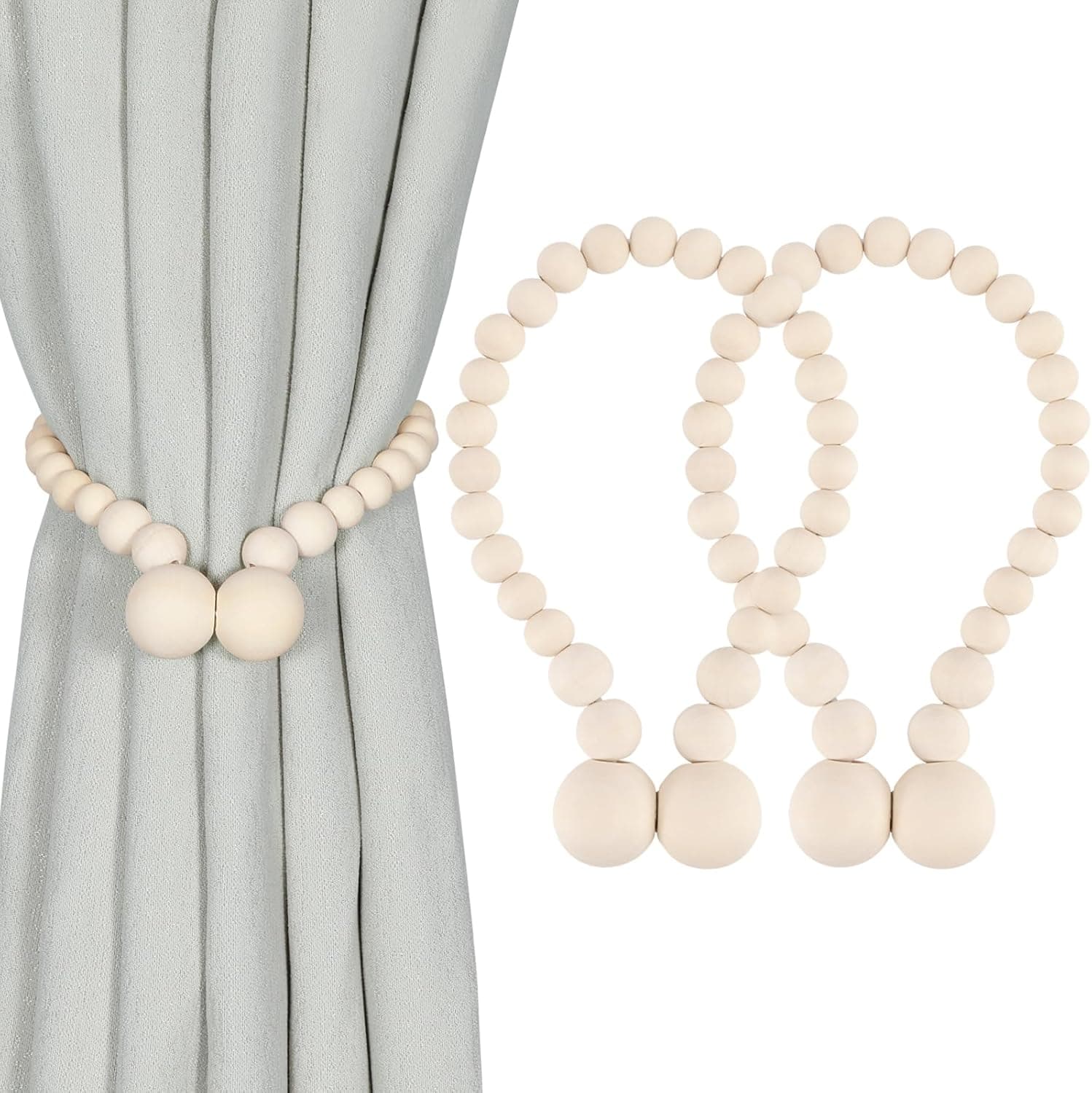 Magnetic Wood Bead Curtain Tiebacks – 2 Pack, Boho Farmhouse Decor