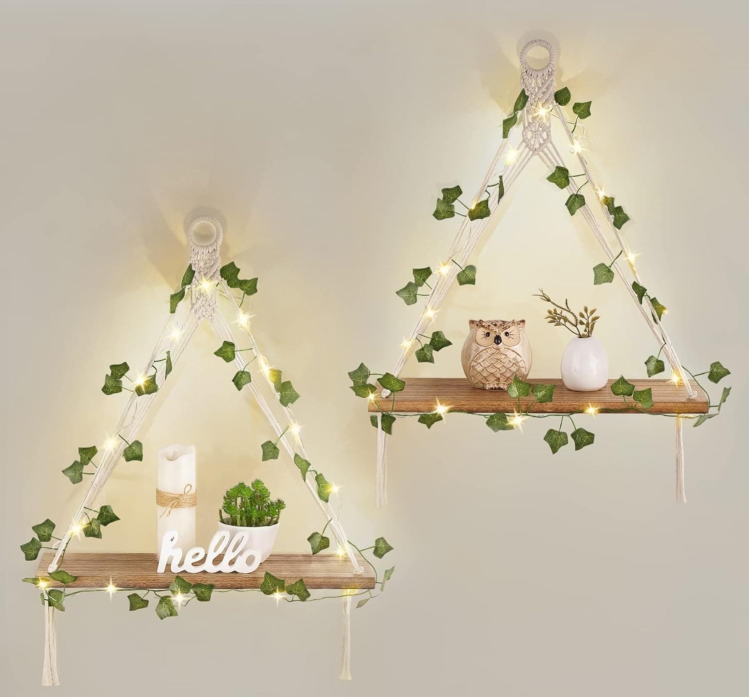 Mkono Macrame Hanging Shelf with Artificial Ivy & Lights Boho Wall Decor Set of 2 | White