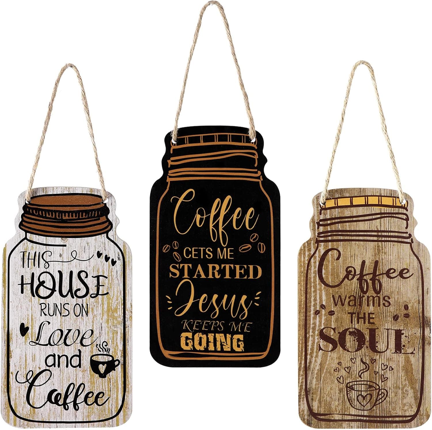 Jetec 3-Piece Farmhouse Coffee Bar Sign Set — Wooden Mason Jar Wall Decor