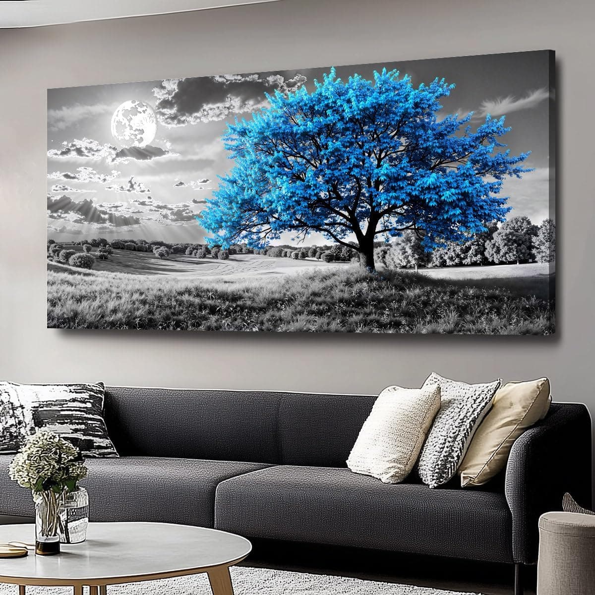 Blue Tree Canvas Wall Art  Modern Landscape, 20"x40"