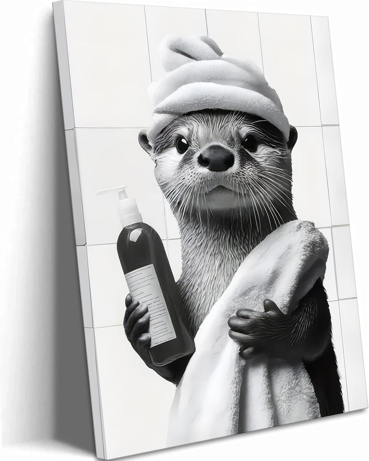 Funny Otter Bathroom Canvas Wall Art – Black & White, 12"x16"