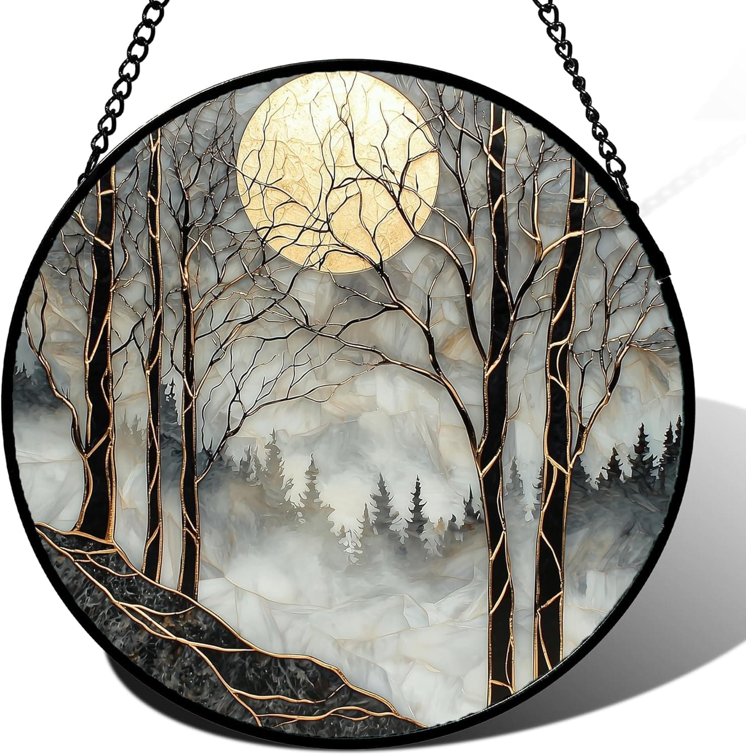 Stained Glass Moon Forest Sun Catcher – Black, White & Gold, 11.8
