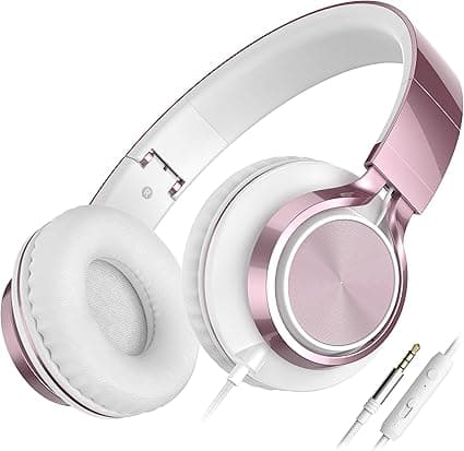 AILIHEN C8 Wired Headphones with Mic & Volume Control - Noise Isolating On-Ear Headphones for Girls School, Plug in Corded 3.5mm Headsets for Chromebook Laptop Computer PC Tablets Travel (Rose Gold)