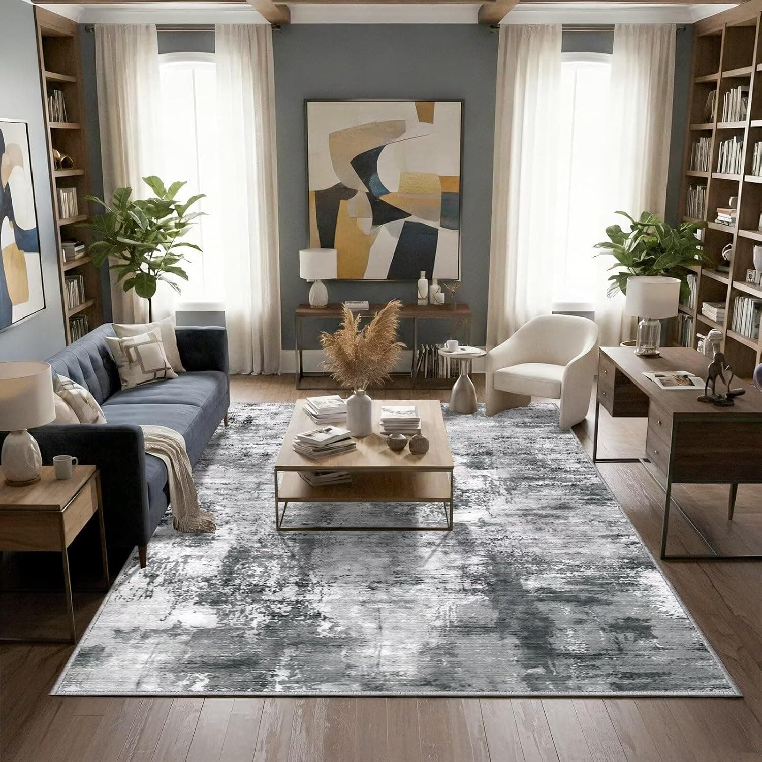 5x7 Area Rugs,Abstract Area Rugs, Modern Washable Non-Slip Rug for Living Room, Bedroom, Dining Room, Soft Low Pile Carpet, Neutral Decor for Home and Office,Grey