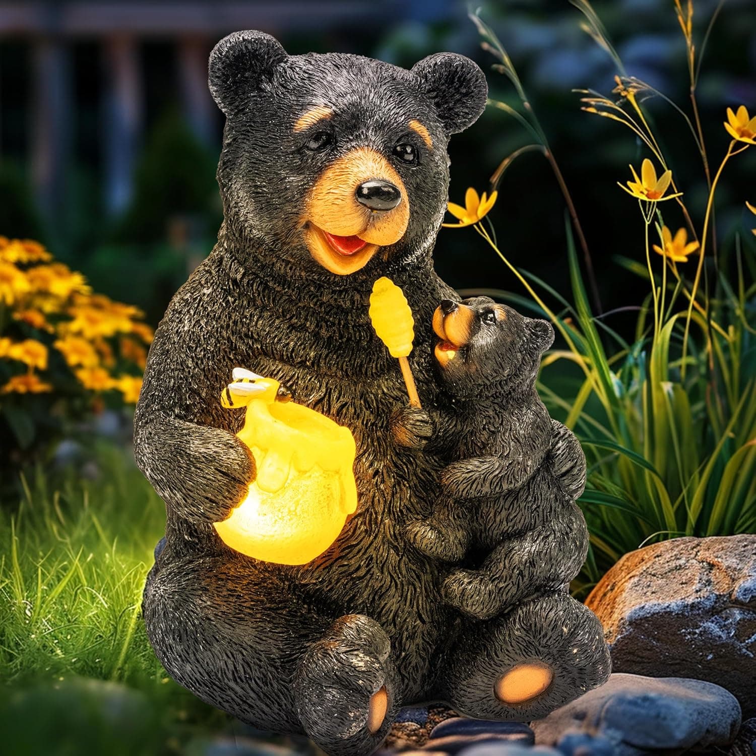 GIGALUMI 9" Solar Black Bear Garden Statue — Outdoor Yard Decor & Figurine Light